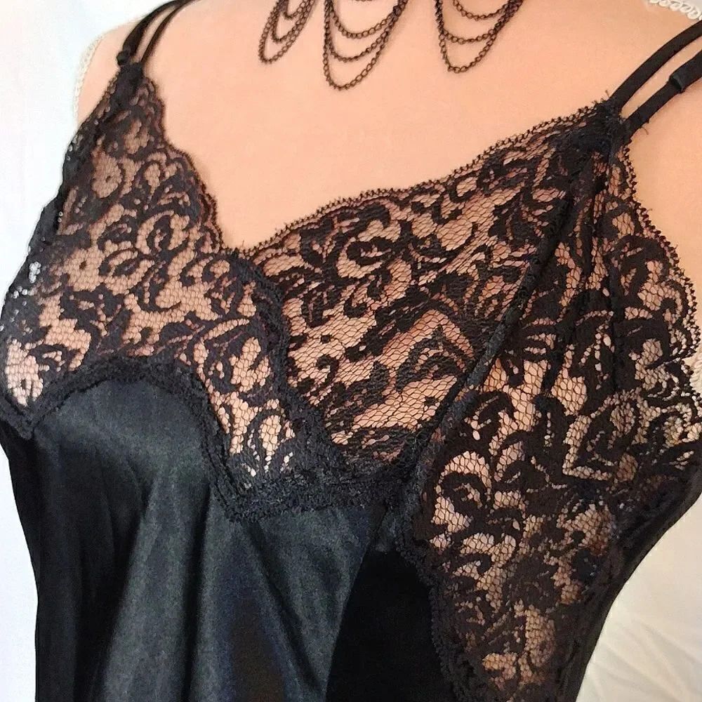 Victoria's Secret VTG 90s Black Satin Strappy Lace Top Mini Slip Dress Large - Picture 8 of 15